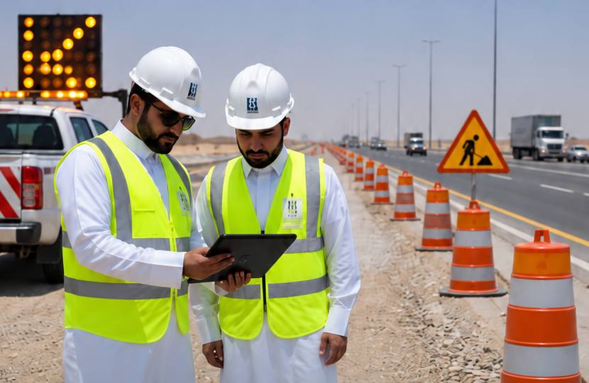 مهندسان في الميدان يراجعان بيانات الفحص على جهاز لوحي بجانب طريق