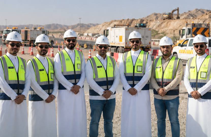 فريق من المهندسين بسدريات عاكسة وخوذ بيضاء في موقع مشروع طريق