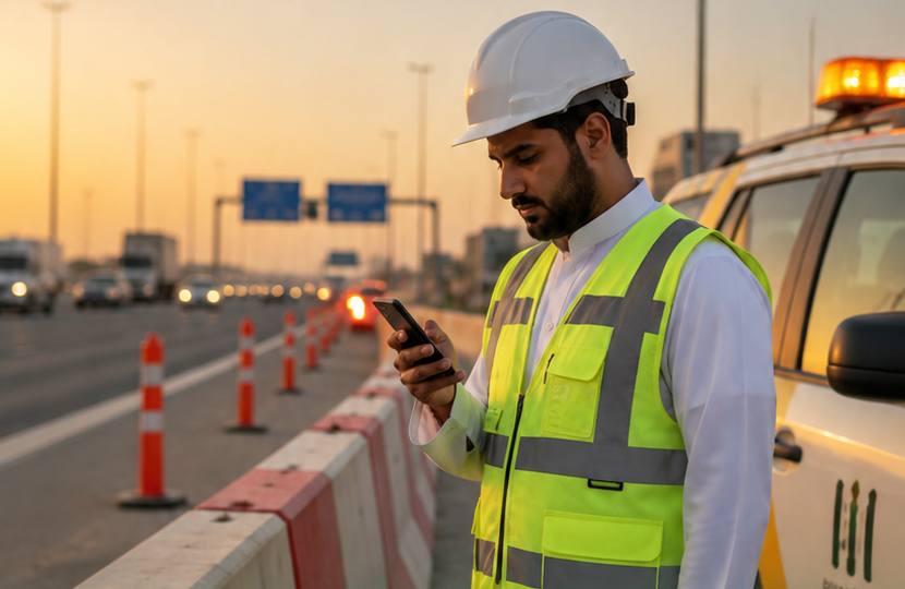مهندس بسدرية عاكسة يستخدم جوّاله بجانب طريق سريع وقت الغروب