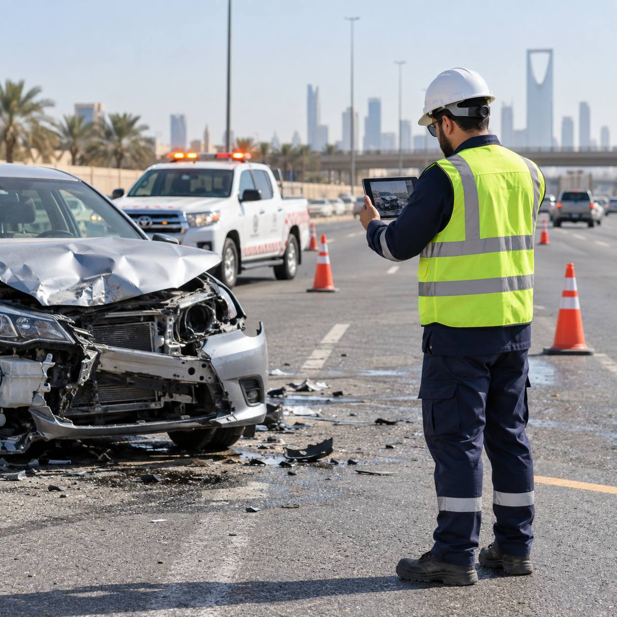 مهندس سلامة يوثق موقع حادث مروري ميدانياً
