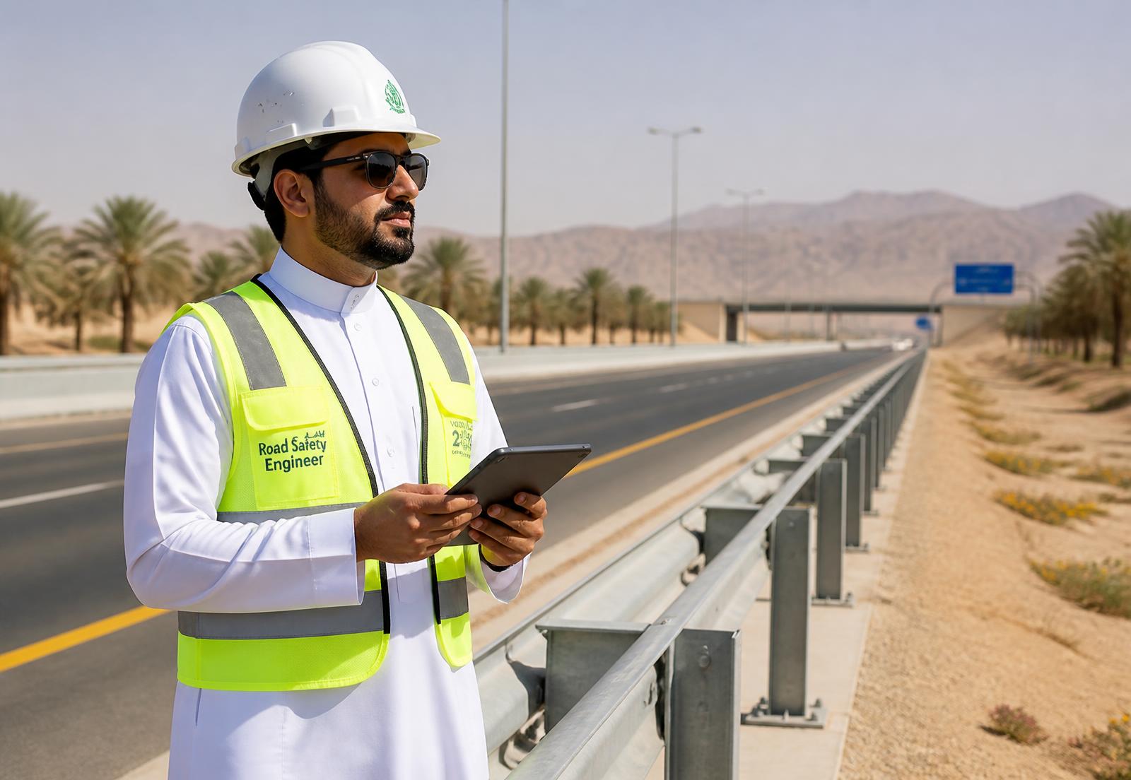 مهندس سلامة يستخدم قائمة فحص إلكترونية على جهاز لوحي بجانب حاجز طريق