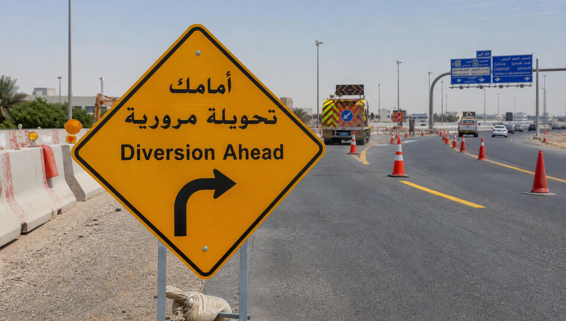 منطقة أعمال طرق مع مخاريط مرورية ولوحات تحويل